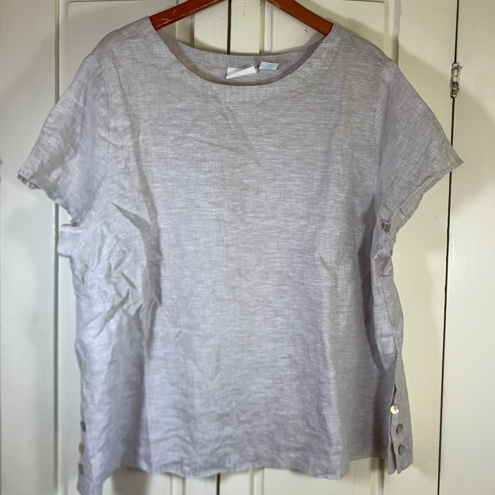 Cynthia Rowley Women 2X Gray Lavender 100% Linen Short Sleeve Side Button Top